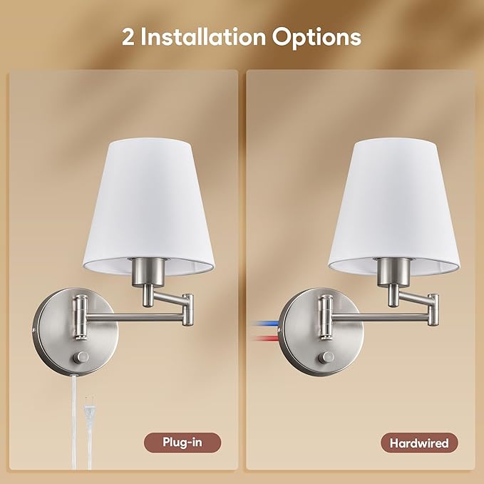 VONLUCE Wall Sconce Set of 2, Plug in & Hardwired Swing Arm Wall Lamps, Adjustable Wall Mounted Lighting Fixtures, Modern Wall Lights with Nickel Base White Fabric Shade for Bedside, Hallway, Study