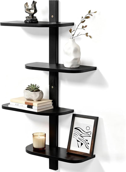 Afuly Black Floating Shelves for Wall Display Shelf Unit Modern Decorative Solid Wood Shelving Home Decor Living Room Bedroom Coffee Bar Bathroom Small Space Plant Photo Set of 4