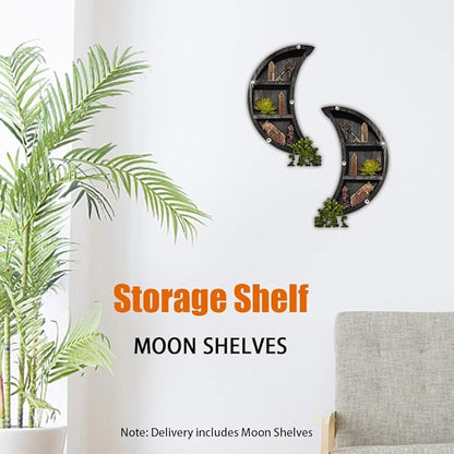 Saycker 2 Pcs Moon Shelves, Wooden Crescents Moon Shelf for Crystal Display, Wall Mounted Moon Shelf Wall Decor, Crystal Display Shelf Floating Shelves, Moon Decor for Living Room(Black)