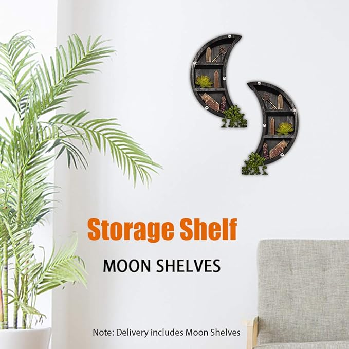Saycker 2 Pcs Moon Shelves, Wooden Crescents Moon Shelf for Crystal Display, Wall Mounted Moon Shelf Wall Decor, Crystal Display Shelf Floating Shelves, Moon Decor for Living Room(Black)