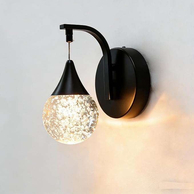 Crystal Wall Sconce Indoor, Bubble Modern Wall Sconces, Dimmable 5W LED Wall Light for Bedroom Bathroom Living Room Dining Room Hallway, Black