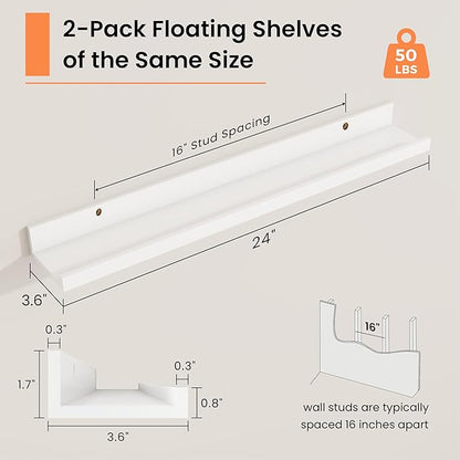 RICHFOCUS Picture Ledge Shelf, 24 inch Floating Shelves Set of 2, Wood Wall Shelves with Lip, Wall Decor Storage for Bedroom Living Room Bathroom Kitchen Nursery Photo Picture, White