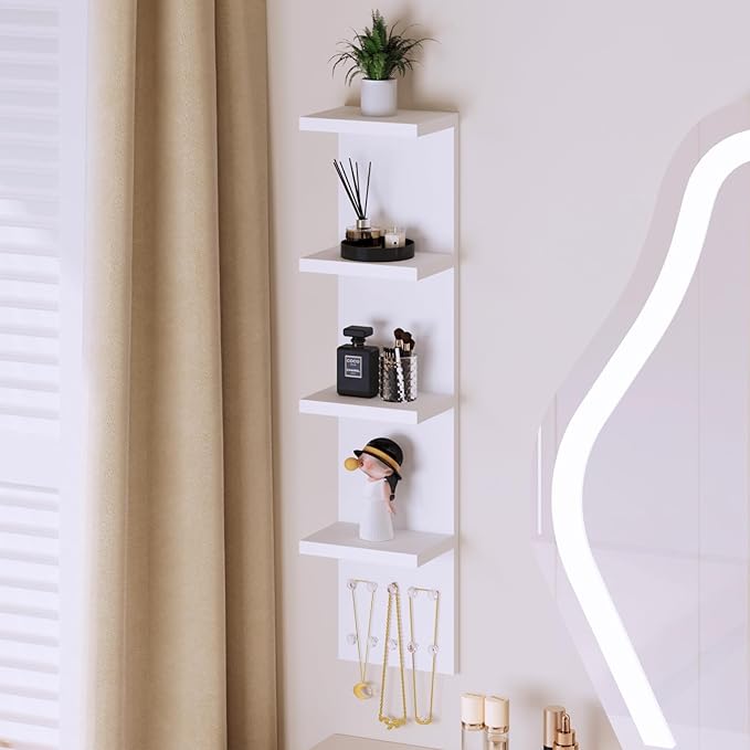 4 Tier White Lack Shelf Vanity Wall Shelf with 10 Crystal Hooks - Multi-Functional Storage for Makeup, Jewelry, Plants, Awards & Display (L7.1 x W5.5 x H30.7) (2)