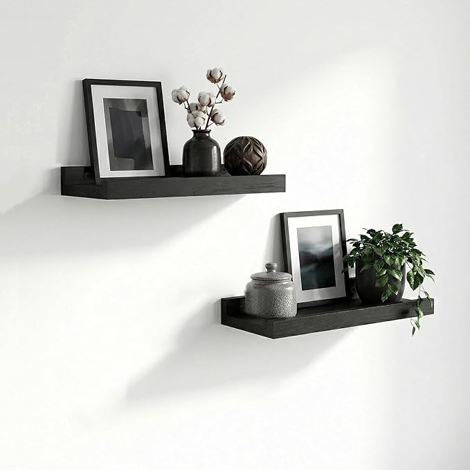 Z metnal Wood Floating Shelves, Small Natural Wooden Display Wall Shelf for Picture Ledge, Wall Mounted, 12 x 5.5inch, Black, 2 Pack