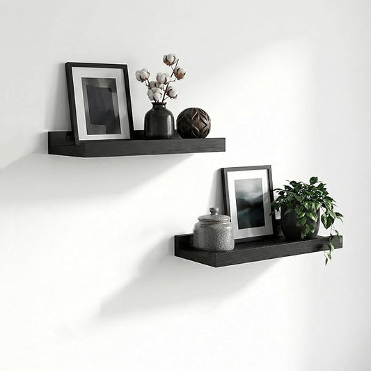 Z metnal Wood Floating Shelves, Small Natural Wooden Display Wall Shelf for Picture Ledge, Wall Mounted, 12 x 5.5inch, Black, 2 Pack