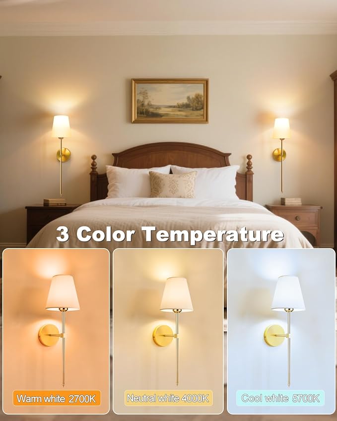 Adetu Battery Operated Wall Sconce Set of 2, 5CCT Gold Rechargeable Wall Lights with Remote, 10 RGB Dimmable Colors Wireless Battery Powered Wall Sconce Wall Lamp for Bedroom Living Room Wall Decor