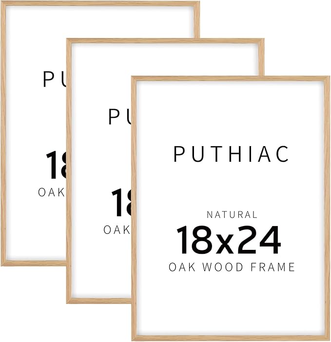 puthiac 18x24 Solid Oak Wood Picture Frame, 18 x 24 Poster Frames for Wall, Vertical or Horizontal, Plexi Front, 3 Pack, Natural Oak