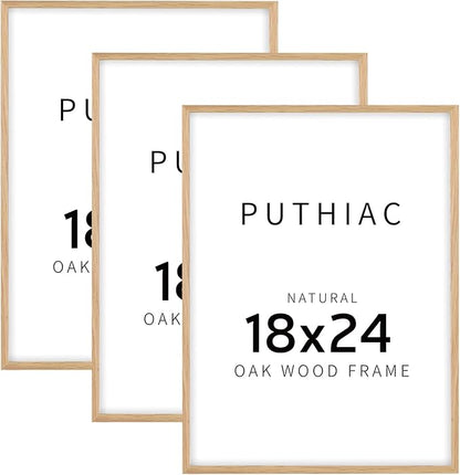 puthiac 18x24 Solid Oak Wood Picture Frame, 18 x 24 Poster Frames for Wall, Vertical or Horizontal, Plexi Front, 3 Pack, Natural Oak