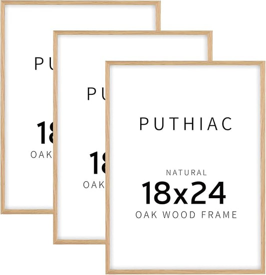 puthiac 18x24 Solid Oak Wood Picture Frame, 18 x 24 Poster Frames for Wall, Vertical or Horizontal, Plexi Front, 3 Pack, Natural Oak