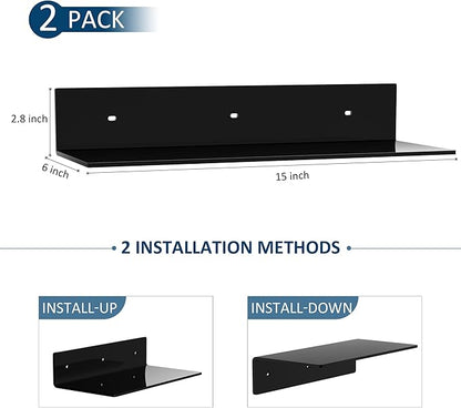 15 Inches Acrylic Wall Shelves 2 Pack, Floating Shelf for Wall Mounting, Acrylic Display Ledges for Funko Pop Figures, Home Décor, Living Room, Gaming Room, Plants(15 inch, Black)