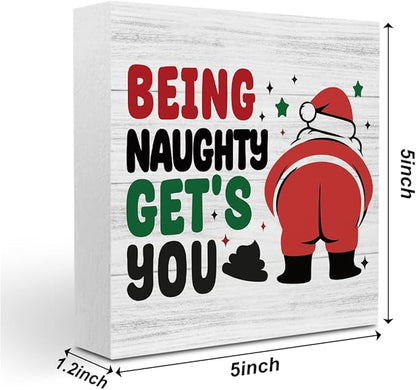 Funny Christmas Bathroom Decor Bathroom Desk Accessories Christmas Decorations Indoor Wooden Box for Toilet Shelves Santa Being Naughty Get's You Signs 5 X 5 Inch