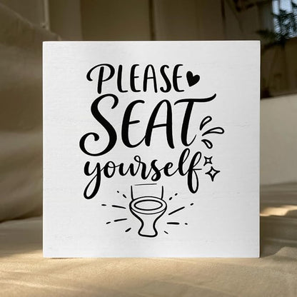 Funny Rustic Bathroom Decor Wooden Box Sign 5x5 Inch - "PLEASE SEAT yourself" Humorous Restroom Shelf Table Decor, Farmhouse Style Wall Countertop Ornament for Home Guest Bathroom Housewarming Gift