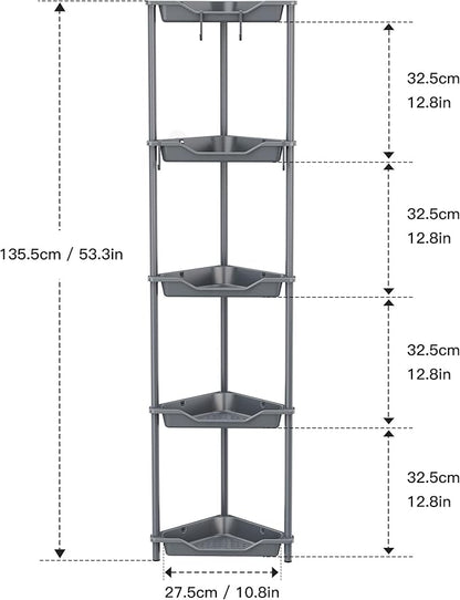 Orimade Rustproof 5 Tier Floor Standing Corner Shower Caddy Organizer, Plastic Metal Splicing Floor Corner Shelf Rack Stands for Bathroom, Grey