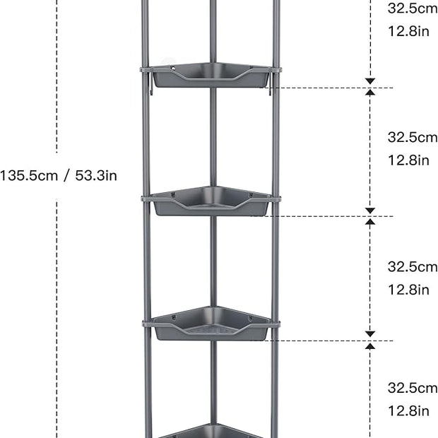 Orimade Rustproof 5 Tier Floor Standing Corner Shower Caddy Organizer, Plastic Metal Splicing Floor Corner Shelf Rack Stands for Bathroom, Grey