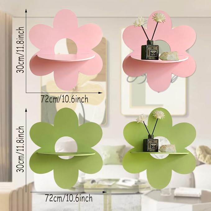 Daisy Flower Floating Shelf Boho Daisy Wall Shelves, 1Pcs 10.6 Inch Large Kawaii Cute Wood Wall Decor Display Shelf for Baby Nursery Living Room Bathroom Bedroom (Pink)