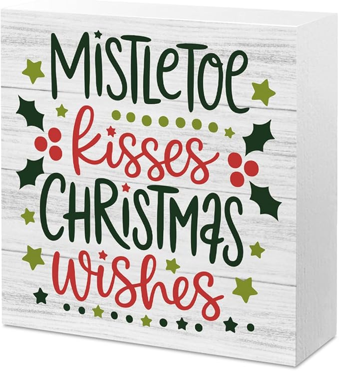 Christmas Decor Christmas Sign Decorations for Home Mistletoe Kisses Xmas Wishes Sign for Home Office Desk Table Cubicle Shelf Xmas Desk Accessories 5 x 5 inch