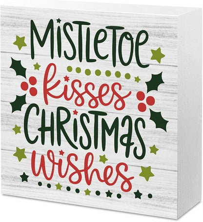 Christmas Decor Christmas Sign Decorations for Home Mistletoe Kisses Xmas Wishes Sign for Home Office Desk Table Cubicle Shelf Xmas Desk Accessories 5 x 5 inch