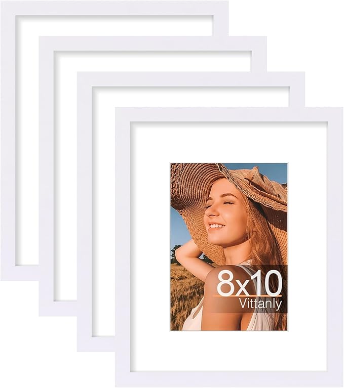 Vittanly 8x10 Picture Frame Set of 4, Display Pictures 5x7 with Mat or 8x10 without Mat, Gallery Wall Frame Set for Wall or Tabletop Display, Engineered Wood with Shatter Resistant Plexiglass, White
