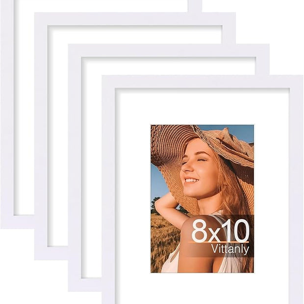 Vittanly 8x10 Picture Frame Set of 4, Display Pictures 5x7 with Mat or 8x10 without Mat, Gallery Wall Frame Set for Wall or Tabletop Display, Engineered Wood with Shatter Resistant Plexiglass, White