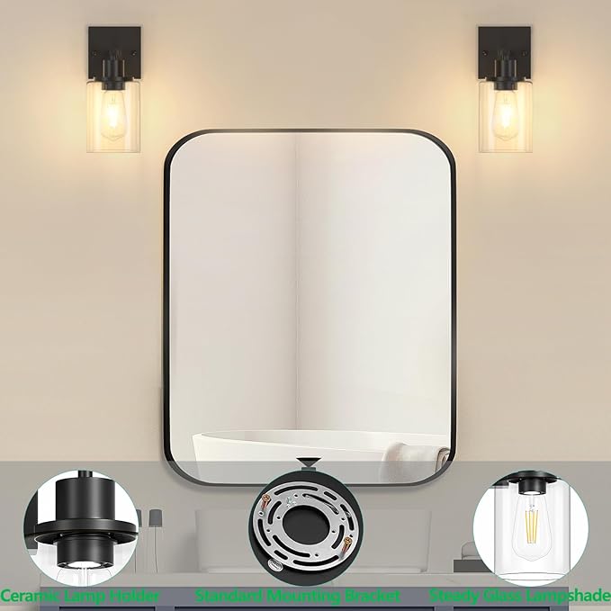 Licperron Black Vanity Wall Sconces Set of Two, Modern Sconces Wall Lighting Fixture with Clear Glass Shade for Bathroom, Industrial Metal Wall Mount Lamp for Bedroom Mirror Living Room