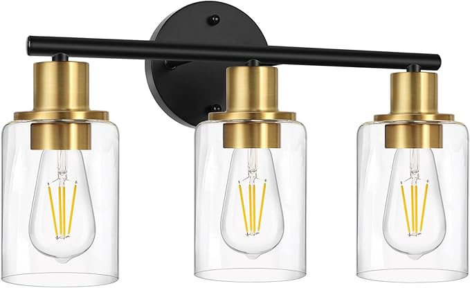 3-Light Bathroom Light Fixtures, Black and Gold Bathroom Wall Lights, Modern Vanity Light with Clear Glass Shade, Bathroom Wall Lamp for Mirror Kitchen Bedroom Hallway Cabinet