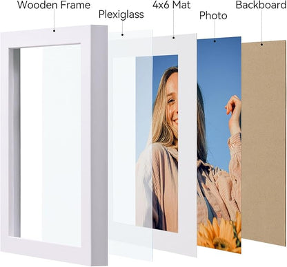 Vittanly 5x7 Picture Frame Set of 4, Display Pictures 4x6 with Mat or 5x7 without Mat, Engineered Wood with Shatter Resistant Plexiglass, Small Photo Frames for Wall or Tabletop Display, White