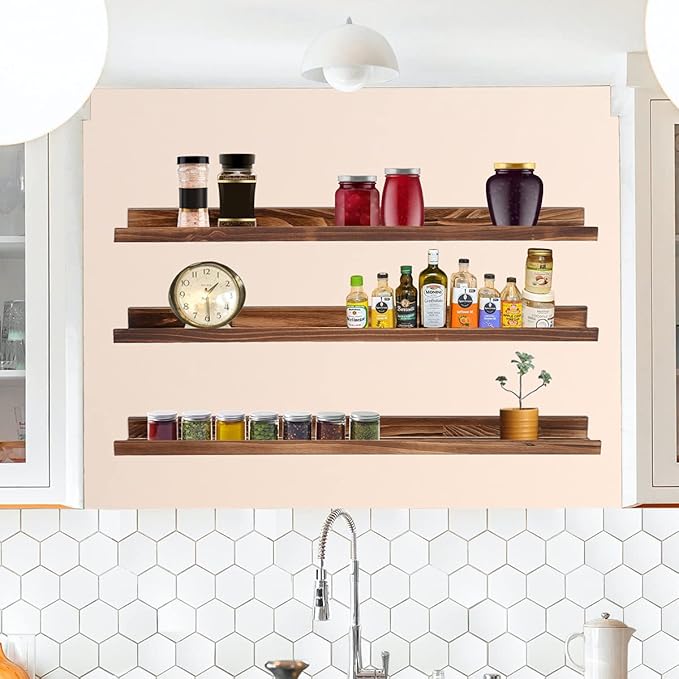 MBYD 48 Inch Picture Ledge Shelf Set of 3, Wall Mount Carbonized Burnt Black Floating Wall Shelves Photo Ledge Natutal Pine Wood for Bedroom, Living Room, Office, Kitchen, Bathroom Same Dimensions