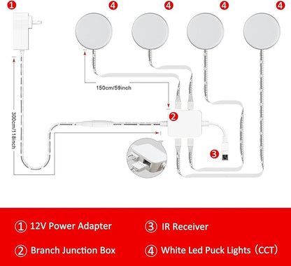MYPLUS Under Cabinet Lighting with Remote, 4 Packs LED Pucks Lights,390Lm,12V,7.2W,24 Keys Remote Controll with Dimmable and Timing Function Led Lights for Kitchen,Closet,Cabinet,Counter