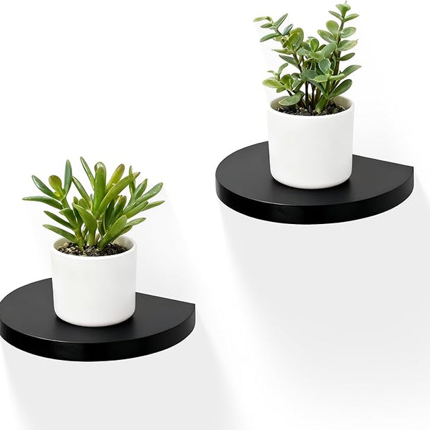 Small Wood Floating Shelves (2-Pack, 6-inch Diameter) - Round Sturdy Invisible Wall Mount Display for Small Plants,Toys,Bathroom,Living Room Storage & Modern Rustic Décor (Black)