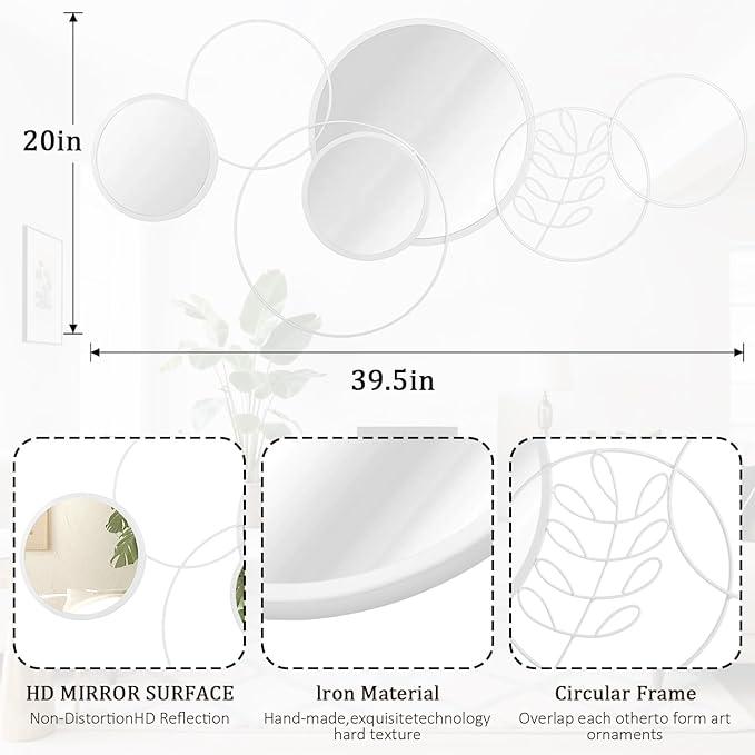 White Wall Mirror Set, 4 Pack Wall Mounted Circle Metal Mirror Round Decorative Modern Mirrors for Living Room Bedroom Entryway Decor 20x40 Inch