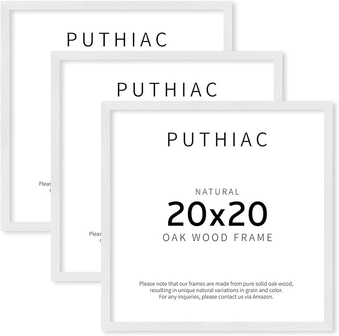 puthiac 20x20 Solid Oak Wood Picture Frame, Fits 16x16 with Mat or 20x20 Without Mat, Wall Display Only, Plexi Front, 3 Pack, White