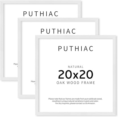 puthiac 20x20 Solid Oak Wood Picture Frame, Fits 16x16 with Mat or 20x20 Without Mat, Wall Display Only, Plexi Front, 3 Pack, White