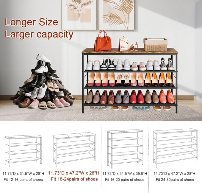 Shoe Rack Organizer 5 Tier Metal Organizer Shelf with Industrial MDF Board and Layer Fabric for Entryway Closet Bedroom Living Room Garage (Black+Rustic Brown, 4 Tier(47.2" W))