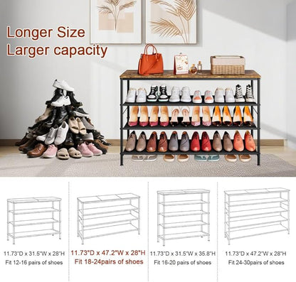 Shoe Rack Organizer 5 Tier Metal Organizer Shelf with Industrial MDF Board and Layer Fabric for Entryway Closet Bedroom Living Room Garage (Black+Rustic Brown, 4 Tier(47.2" W))