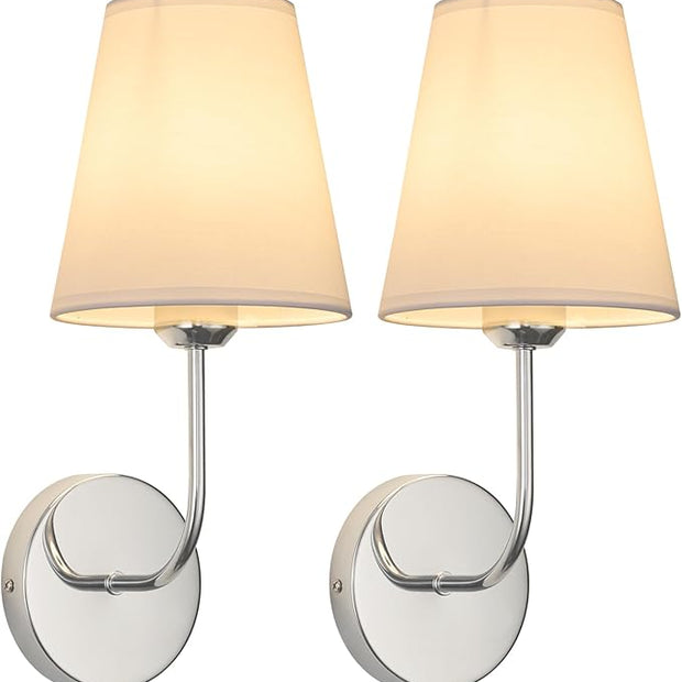 Modern Hardwired Wall Sconces, Set of 2 in Chrome or Polished Nickel with White Fabric Shades,Farmhouse Light, Living Room, Hallway, Bathroom, Vanity, or Staircase. Sleek, Versatile Lighting