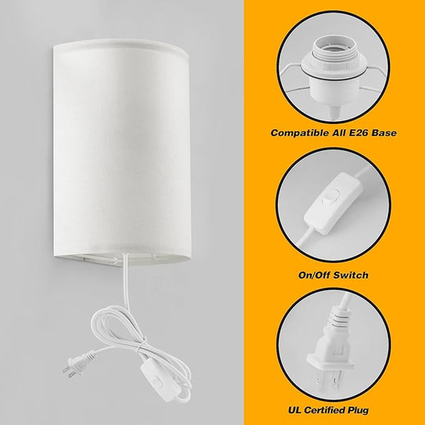 Plug in Wall Sconce, 3 Color, Set of Two, Industrial Wall Lamp with Plug in Cord, Rustic Fixture, On/Off Switch Vintage Wall Light Fixture for Headboard Bedroom Porch (White)