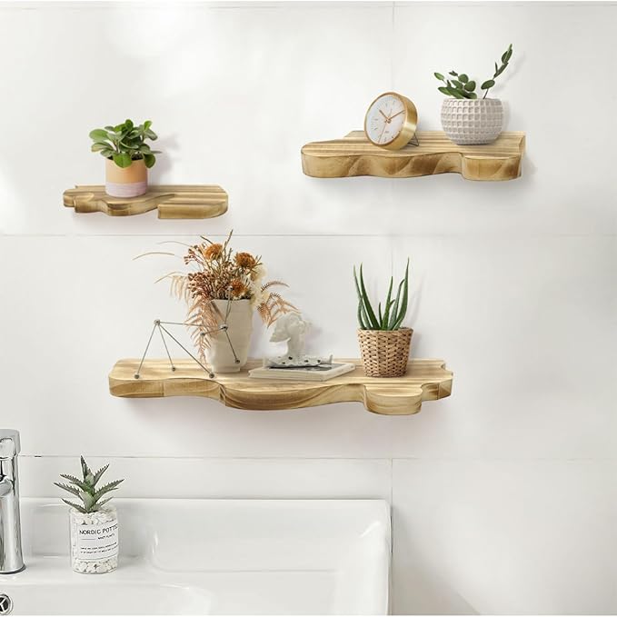 3 Sets Small Floating Shelves for Wall, 3 Size Rustic Live Edge Floating Shelves with Invisible Metal Bracket for Living Room Bedroom Kitchen, Wooden