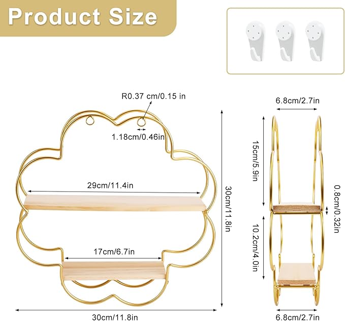 Floating Shelves for Wall, Wooden 2-Tier Wall Mounted Shelves, Flower Shape Hanging Bathroom Shelves, Shower Shelf Bathroom Accessory for Bedroom Kitchen Living Room Office