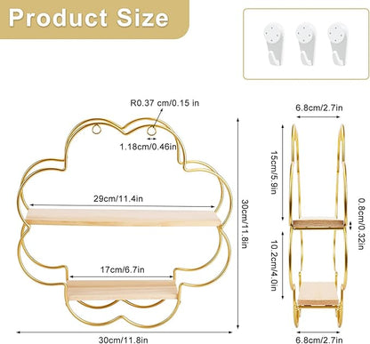 Floating Shelves for Wall, Wooden 2-Tier Wall Mounted Shelves, Flower Shape Hanging Bathroom Shelves, Shower Shelf Bathroom Accessory for Bedroom Kitchen Living Room Office