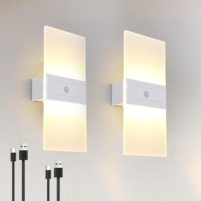 LED Dimmable Wall Sconces 2Pack,2200Mah Battery Motion Sensor Magnetic Wireless Rechargeable Wall Lamp with Button Switch Warm White for Bedroom Living Room Hallway
