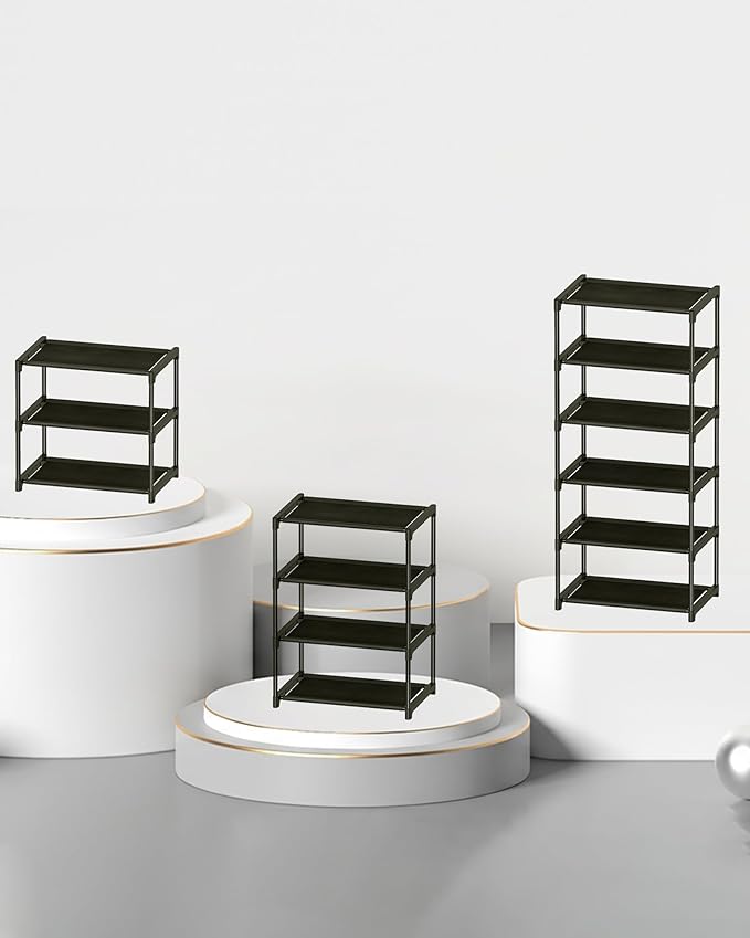 4 Tiers Small Shoe Rack,Narrow Stackable Shoe Shelf Organizer,Sturdy Shoe Stand, Non-Woven Fabric Metal Shoe Racks for Entryway, Doorway and Bedroom Closet