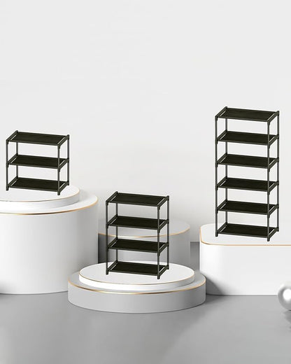 3 Tiers Small Shoe Rack,Narrow Stackable Shoe Shelf Organizer,Sturdy Shoe Stand, Non-Woven Fabric Metal Shoe Racks for Entryway, Doorway and Bedroom Closet