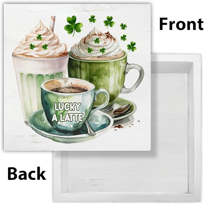 St. Patrick's Day Decor - St Patricks Day Decorations - St. Patrick's Day Coffee Lucky a Latte Wooden Sign Home Coffee Bar Kitchen Table Desk Shelf Decor 5×5 Inches