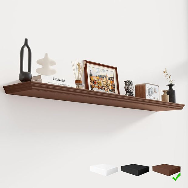 Fun Memories Floating Shelves 55 Inch Long, 9.3 Inch Deep Classic Crown Molding Floating Shelves for Wall, Rustic Wooden Shelves for Wall Decor Bathroom, Kitchen, Office, (Walnut, 1Pack)