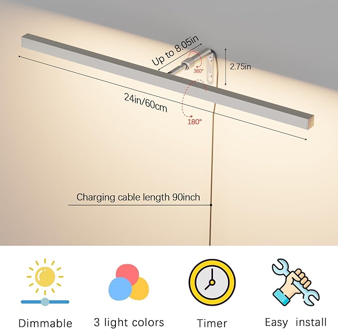 24" Plug in Picture Light for Paintings with Remote Control, 9W LED Art Display Lighting for Gallery, Dartboard, Artwork, Nickel Wall Mounted Picture Frame Light