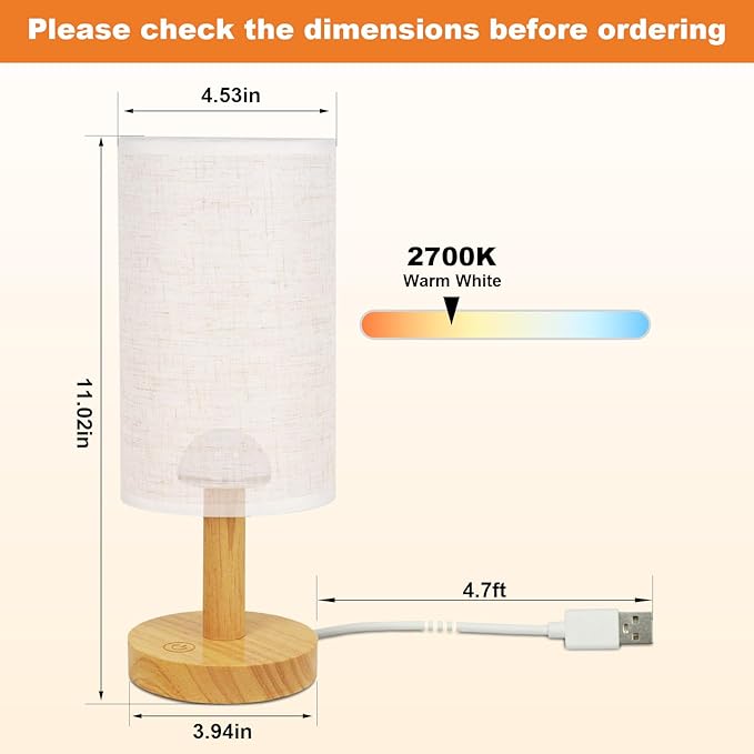 Touch Bedside Table Lamp-3 Color Temperatures & Stepless Dimming with USB Plug,Natural Round Wood Base&Linen Fabric Shade|Minimalist Boho Nightstand Lamp for Bedroom,Nursery,Kitchen,Dorm,Small Spaces