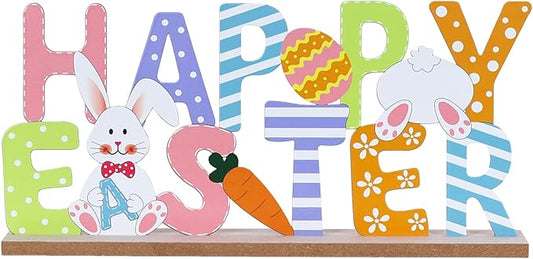 Easter Decorations, MEETYAMOR Wood Metal Happy Easter Sign for Table Decor, Farmhouse Rustic Easter Bunny Decorations for Home, Living Room, Mantel, Shelf
