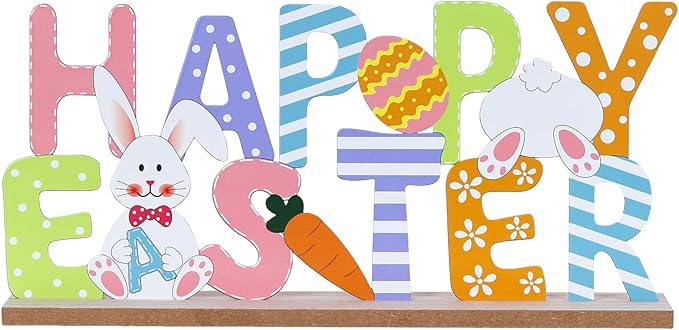Easter Decorations, MEETYAMOR Wood Metal Happy Easter Sign for Table Decor, Farmhouse Rustic Easter Bunny Decorations for Home, Living Room, Mantel, Shelf