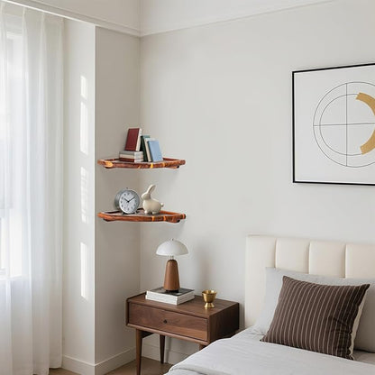 Floating Corner Shelve, 10 Inch Acacia Wood Corner Shelf Set of 2, Corner Shelf wall Mounted for Living Room, Bedroom, Bathroom, Office, Kitchen (Acacia Wood)