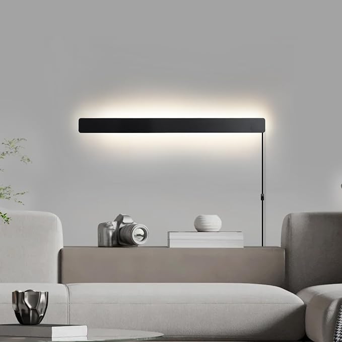 Modern Plug in Wall Sconces, 23.6 inch Frosted Black LED Long Wall Lights, 12W Warm White 3000K Acrylic Indoor Wall lamp,with 59